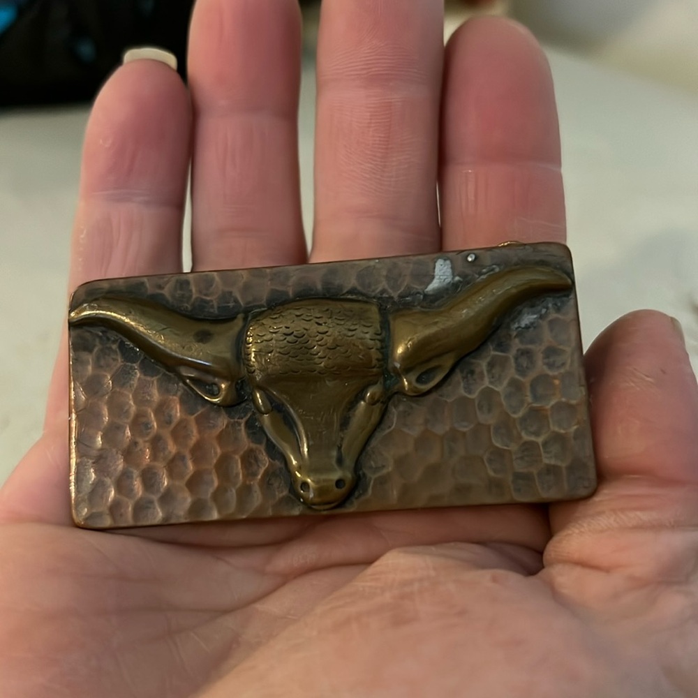 Unmarked Antique hammered copper & brass steer western cowboy buckle